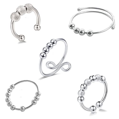 LIUJZZJ 5 Piezas Anillos Ansiedad para Mujeres Ansiedad Ajustable Anillos Antiestrés Juego de Anillos de Cuentas Giratorias para Aliviar Ansiedad Anillos Abiertos Delgados Apilables