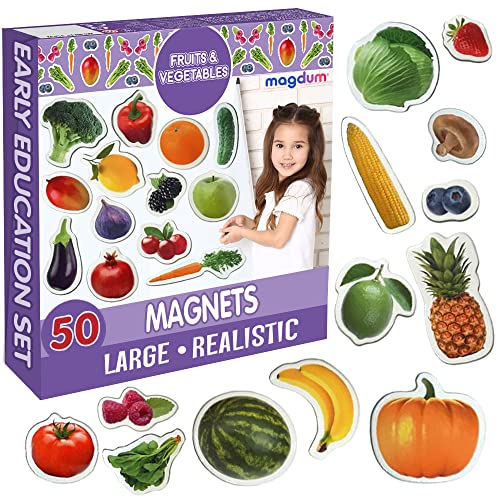 MAGDUM Imanes Nevera niños Frutas y Vegetales - 50 Grandes imanes Bebes - Montessori Bebe - Juguetes Bebes - Juegos educativos niños - Nevera Juguete - Iman de Nevera - Cocina Juguete - Set cocinita