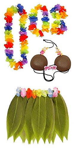 Mega_Jumble® - Juego de 6 piezas para mujer, diseño hawaiano, para fiestas tropicales de verano, falda de hoja hula con flores, sujetador de coco, puños, disfraz de playa, danza divertida.