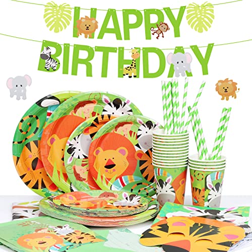 MOOKLIN ROAM Decoración de la Fiesta de cumpleaños Infantil de Animal del Bosque, 114 Piezas Kit Mesa Fiesta Party Tropical Incluye Platos Servilletas Vasos Mantel Banner Paja para 16 Personas