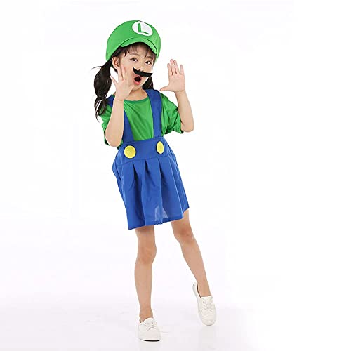 NB - Juego de disfraz infantil de héroe para niños, ropa de Super Mario, incluye sombrero, pantalón y barba, adecuado para carnaval, Navidad, carnaval y juegos de rol (niña XL, verde)