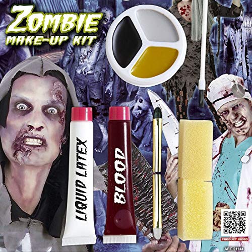 NET TOYS Set de Maquillaje Zombi fácil de aplicar - Escalofriante Maquillaje de Fiesta con látex líquido y Sangre Artificial para un Outfit de Terror - Inmejorable para Halloween y Fiestas temáticas