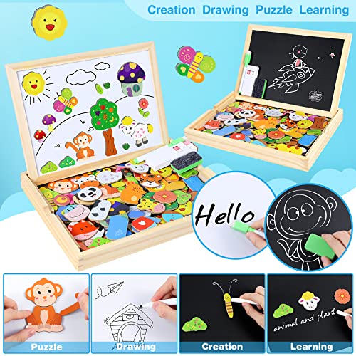 Otes 110 Pcs Puzzles Madera Magnético, Rompecabezas Magnético de Madera, Dibujo Animal con Tablero de Doble Cara, Puzzles Pizarra Magnética Infantil, Juego Educativo Regalo para Cumpleaños Navidad