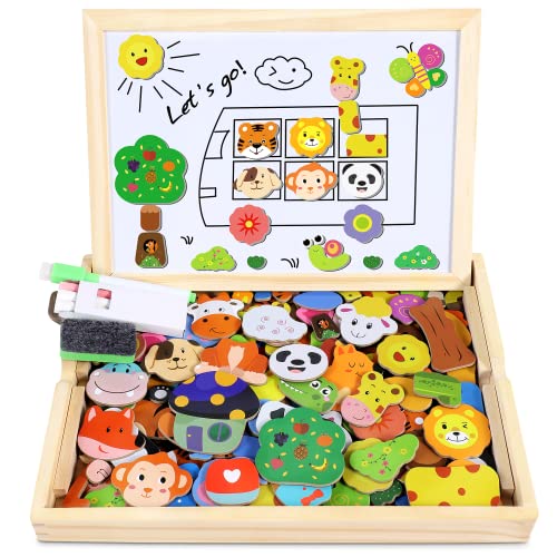 Otes 110 Pcs Puzzles Madera Magnético, Rompecabezas Magnético de Madera, Dibujo Animal con Tablero de Doble Cara, Puzzles Pizarra Magnética Infantil, Juego Educativo Regalo para Cumpleaños Navidad