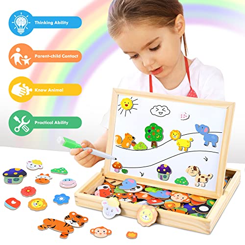 Otes 110 Pcs Puzzles Madera Magnético, Rompecabezas Magnético de Madera, Dibujo Animal con Tablero de Doble Cara, Puzzles Pizarra Magnética Infantil, Juego Educativo Regalo para Cumpleaños Navidad