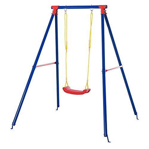 Outsunny Columpio de Metal para Niños +3 Años con Soporte Juego de Columpio Infantil con Asiento Cuerda Ajustable 4 Anclajes Exteriores Carga Máx. 40 kg 155x160x180cm Multicolor