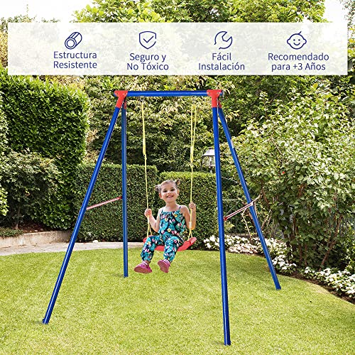 Outsunny Columpio de Metal para Niños +3 Años con Soporte Juego de Columpio Infantil con Asiento Cuerda Ajustable 4 Anclajes Exteriores Carga Máx. 40 kg 155x160x180cm Multicolor