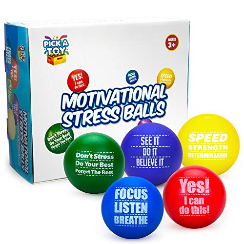 Pick A Toy Bolas de estrés motivacionales para niños y adultos (paquete de 5) Promueven la ansiedad y el estrés | Motivar e inspirar a estudiantes, personal, equipos | Squishy, colores surtidos