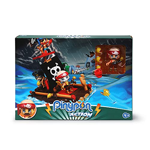 Pinypon Action Balsa de Piratas, Juguete Barco Pirata Infantil Que Flota en el Agua + Bote Pirata con 2 Figuras