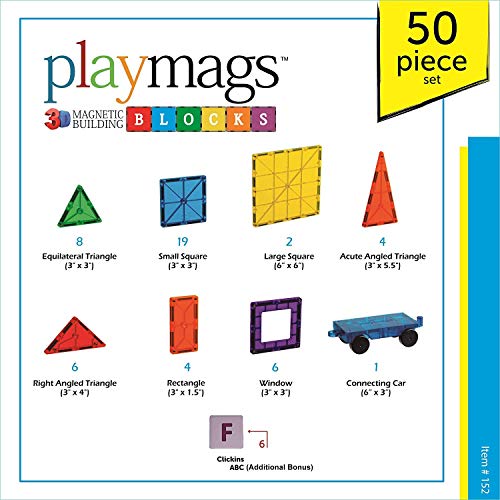 Playmags - Juego de construcción de azulejos magnéticos de colores claros, ganador de premios, juego de 50 + 6 piezas con coche, juguetes magnéticos STEM para desarrollar habilidades motoras y creatividad, construcción de imanes coloridos y duraderos