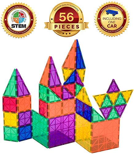 Playmags - Juego de construcción de azulejos magnéticos de colores claros, ganador de premios, juego de 50 + 6 piezas con coche, juguetes magnéticos STEM para desarrollar habilidades motoras y creatividad, construcción de imanes coloridos y duraderos