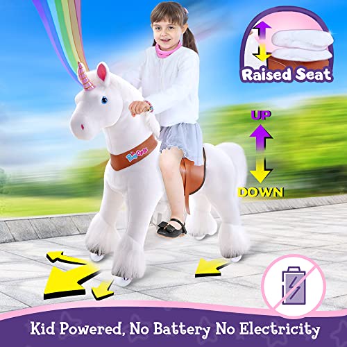 PonyCycle Juguetes Oficiales auténticos para Montar en Unicornio, patinetes para niños (con Freno y Sonido/ Talla 4 para Edades de 4-8 años), Juguete de Felpa para Montar, Unicornio Blanco, Ux404