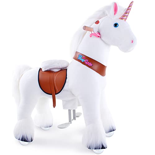 PonyCycle Juguetes Oficiales auténticos para Montar en Unicornio, patinetes para niños (con Freno y Sonido/ Talla 4 para Edades de 4-8 años), Juguete de Felpa para Montar, Unicornio Blanco, Ux404