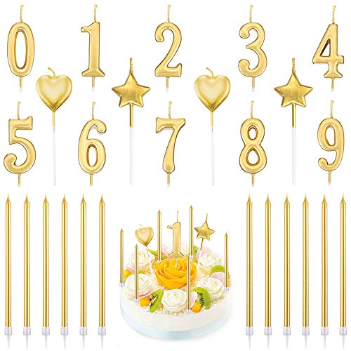 PUDSIRN - Juego de 26 velas de cumpleaños con números, 10 piezas de decoración para tartas con purpurina, número 0-9, con 16 velas de cumpleaños de corazón, estrella y largo(dorado）