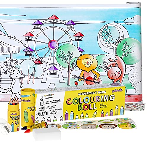 qollorette Pinturas para Niños, Libro Colorear con Lápices de Colores, Ceras de Colores y Pegatinas para Niños Parque de Atracciones – Manualidades Regalos para Niños, 480 x 29cm (16 Feet)