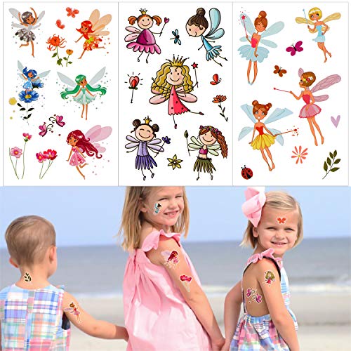 Qpout Hada de las flores Tatuajes temporales para niñas(120 + piezas), jardín de hadas princesa flor tatuaje pegatinas impermeables tatuajes para niños cumpleaños fiesta hada princesa fiesta regalo