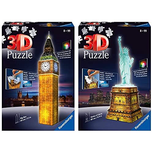 Ravensburger Puzzle 3D, Edición Big Ben (12588 3) + Puzzle Building 3D Night Edition: Estatua De La Libertad (12596), Color, Modelo Surtido