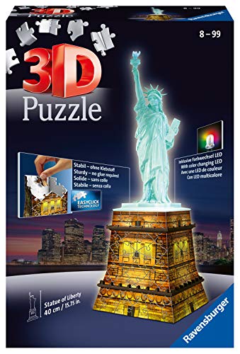 Ravensburger Puzzle 3D, Edición Big Ben (12588 3) + Puzzle Building 3D Night Edition: Estatua De La Libertad (12596), Color, Modelo Surtido