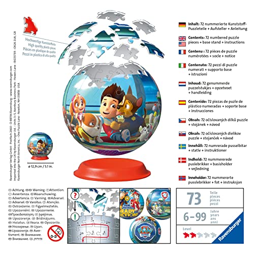 Ravesburger 3D Puzzle ball Paw Patrol, 72 Piezas, Edad Recomendada 6+, 12186 1