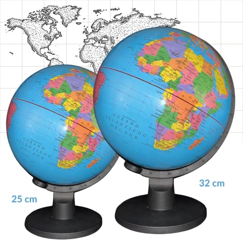 Raylu Paper® - Globo Terráqueo iluminado y giratorio, cartografía y meridiano, esfera del mundo en español, color Azul. (32 cm)