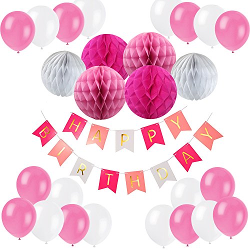 Recosis Pancartas de Banderines de Happy Birthday con 6 Piezas Bola de Nido de Abeja y Globos de Fiesta para Decoración de Fiesta - Rosa