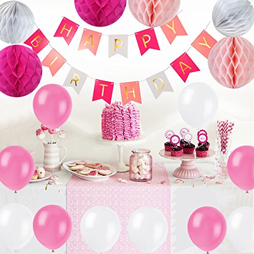 Recosis Pancartas de Banderines de Happy Birthday con 6 Piezas Bola de Nido de Abeja y Globos de Fiesta para Decoración de Fiesta - Rosa