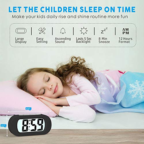 Reloj Despertador Digital LCD Plumeet de Viaje, con Gran Pantalla, fácil de configurar, con Snooze y luz de Noche, Alarma con Sonido Ascendente y portátil, el Regalo Ideal para niños (Negro)