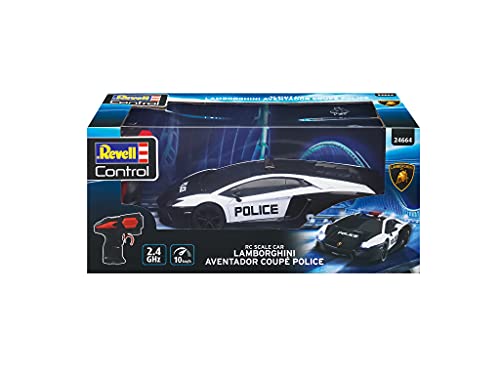 Revell- RC Scale Car Lamborghini Aventador Police, Mando a distancia GHz para diestros / zurdos, iluminación frontal, 1:24, 19,9 cm Coche teledirigido, Negro (24663)