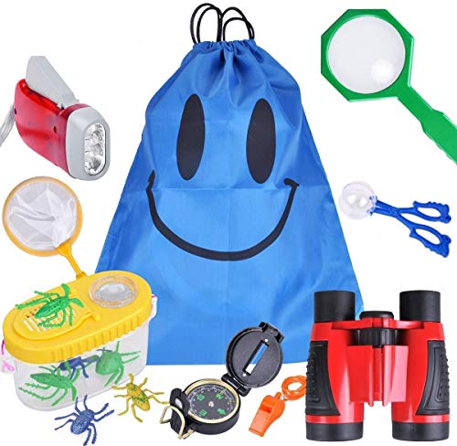 SeeKool Kit de Exploración para Niños 15 en 1,Prismáticos, Linterna LED de Mano, Brújula, Lupa, Silbato, Regalo de Cumpleaños para Niños de 3-10 Años Juego de Explorador Jugar para Niños