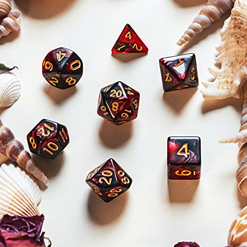 Set de 7 Dados DND Juego de Dados Poliédricos con Bolsa Negra Set de Dados de Dragones y Mazmorras Set de Dados de Juegos de rol para Explorador Juego de rol RPG (Rojo y Negro)