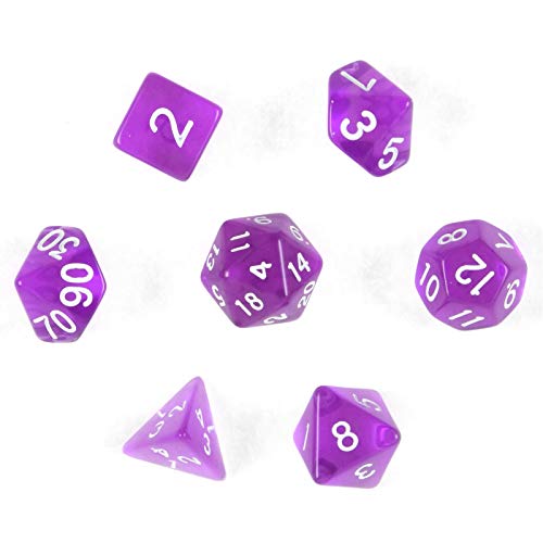 shibby 7 Dados poliedricos para Juegos de rol y Mesa en Color Transparente y Morado con Bolsa