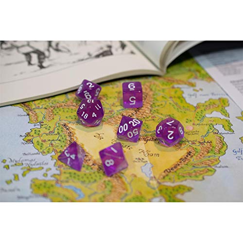 shibby 7 Dados poliedricos para Juegos de rol y Mesa en Color Transparente y Morado con Bolsa