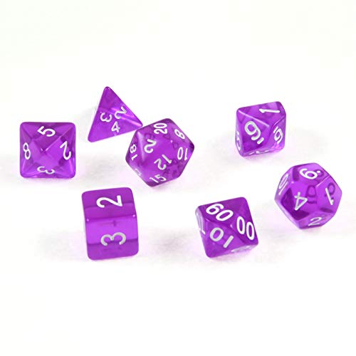 shibby 7 Dados poliedricos para Juegos de rol y Mesa en Color Transparente y Morado con Bolsa