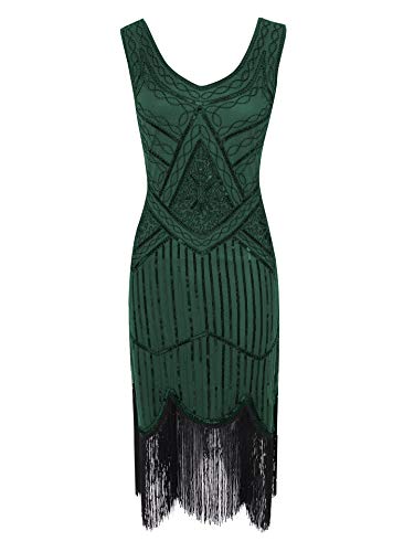 shoperama Disfraz de Charleston de los años 20 para mujer, vestido de lentejuelas verde con flecos y juego de accesorios de pavo real, talla: XXL ZH083G