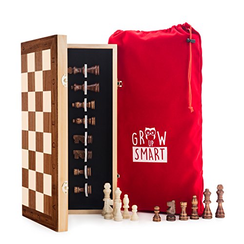 Smart Tactics 16 Folding Chess Set Made By FSC Certified Wood - Premium Edition With Chess Bag and Extra Chess Pieces by GrowUpSmart