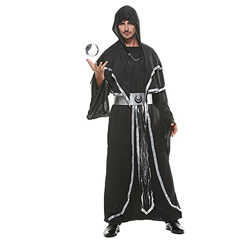 Snailify, mago oscuro para hombre, bata de monje medieval, místico, padrino, hechicero, disfraz con capucha, capa, Halloween, Cosplay, negro, plateado, M