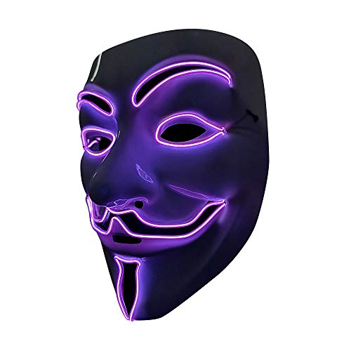 SOUTHSKY LED Mascara Disfraz de Luces Neon Led Brillante V Vendetta Mask EL Wire Light Up 3 Modos For Halloween Costume Cosplay Party (V-Purple)