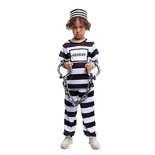 Spooktacular Creations Prisoner Jail Halloween Costume with Tattoo Sleeve and Toy Handcuffs for Kids (Large ( 10- 12 yrs))