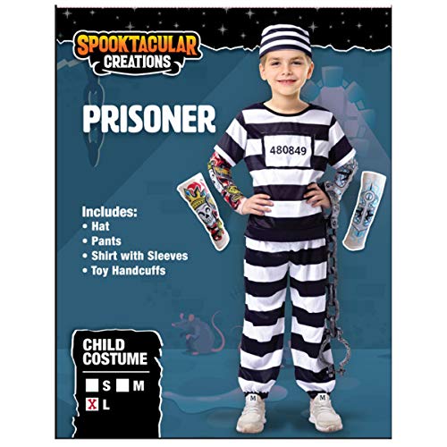 Spooktacular Creations Prisoner Jail Halloween Costume with Tattoo Sleeve and Toy Handcuffs for Kids (Large ( 10- 12 yrs))