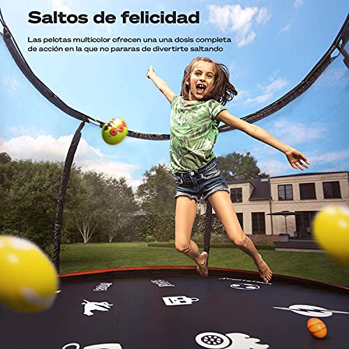 Sportstech Cama Elástica HTX500 | con aspersor de Agua de 360° + Bolas Multicolor | Juegos de Exterior - Trampolín para jardín - hasta 100/120 kg + Red de Seguridad | Ø 244/305 cm para niños