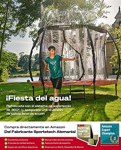 Sportstech Cama Elástica HTX500 | con aspersor de Agua de 360° + Bolas Multicolor | Juegos de Exterior - Trampolín para jardín - hasta 100/120 kg + Red de Seguridad | Ø 244/305 cm para niños