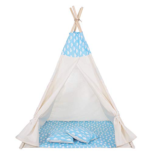 Springos, Azul con Nubes, Niños, Tienda Tipi, Wigwam con Colchoneta de Algodón, Tienda de Campaña Infantil, Tienda de Juego Infantil, Tipi de Juego a los Indios, Rincón de Cariño 160*120*100 cm