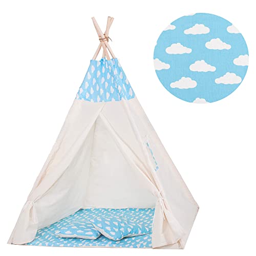 Springos, Azul con Nubes, Niños, Tienda Tipi, Wigwam con Colchoneta de Algodón, Tienda de Campaña Infantil, Tienda de Juego Infantil, Tipi de Juego a los Indios, Rincón de Cariño 160*120*100 cm