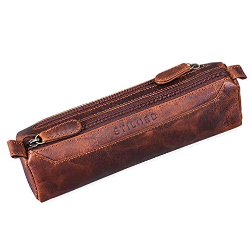 STILORD 'Jim' Estuche o Bolsa para lápices y bolígrafos de Cuero Portatodo Escolar Redondo para Hombres y Mujeres Cartuchera de Piel auténtica, Color:Kara - Cognac