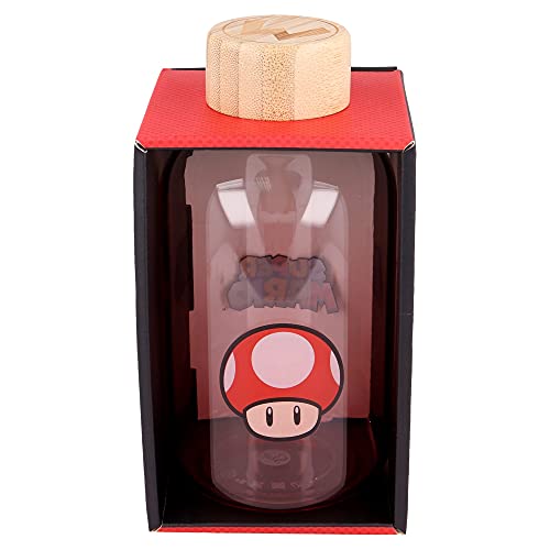 Super Mario - Nintendo | Botella De Agua De Cristal De Borosilicato Reutilizable - 620 Ml - Botella De Agua De Vidrio Con Tapón Hermético