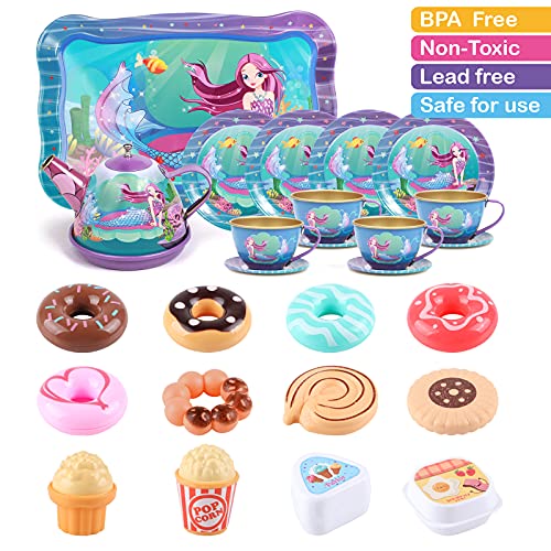 Tacobear Juego de té Infantil Juego de té Juguete con Postre Juguete Estuche de Transporte Estaño Tetera Sirena Juguete de té Juegos de imitación Sirena Juguete Regalo para Niñas 3 4 5 6 7 8 9 años