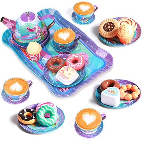 Tacobear Juego de té Infantil Juego de té Juguete con Postre Juguete Estuche de Transporte Estaño Tetera Sirena Juguete de té Juegos de imitación Sirena Juguete Regalo para Niñas 3 4 5 6 7 8 9 años