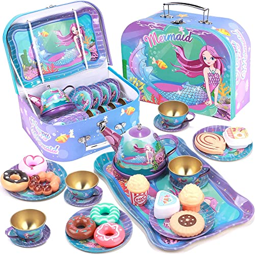 Tacobear Juego de té Infantil Juego de té Juguete con Postre Juguete Estuche de Transporte Estaño Tetera Sirena Juguete de té Juegos de imitación Sirena Juguete Regalo para Niñas 3 4 5 6 7 8 9 años