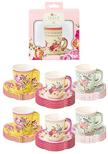 Talking Tables Juego de té de la tarde con platillo y taza floral vintage | Vajilla desechable verdaderamente deliciosa para cumpleaños o fiesta en el jardín, baby shower, boda