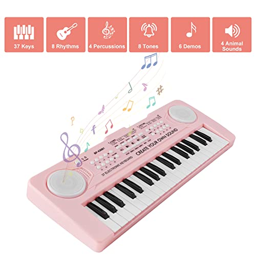 Teclado Piano Niños 37 Teclas Organo Electrónico Infantil Música Portátil con Micrófono Mini Enseñanza Teclado Digital Juguete Educativo para Niña Pequeños Chico Principiantes，Rosa Claro